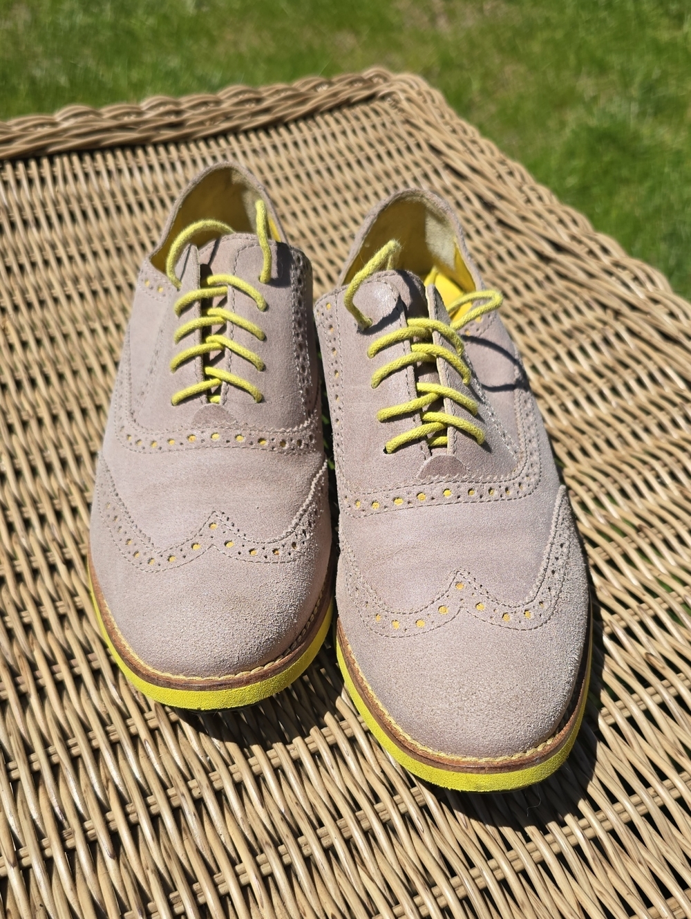 Ladies Taupe Suede Wingtip Oxfords with Yellow Accents